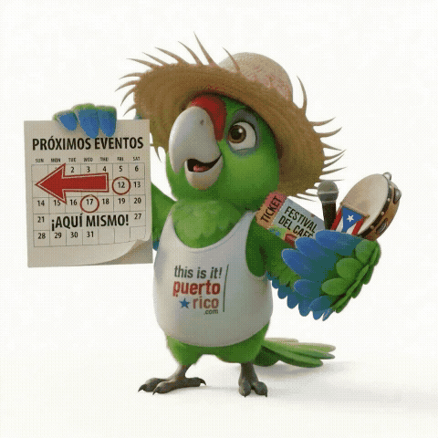 Personaje animado señalando al calendario de eventos - GIF interactivo